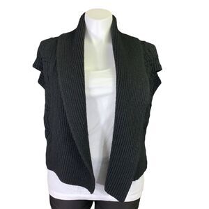 T Tahari Womens Cardigan Sweater Wool Blend Short Sleeve Open Front Black Large